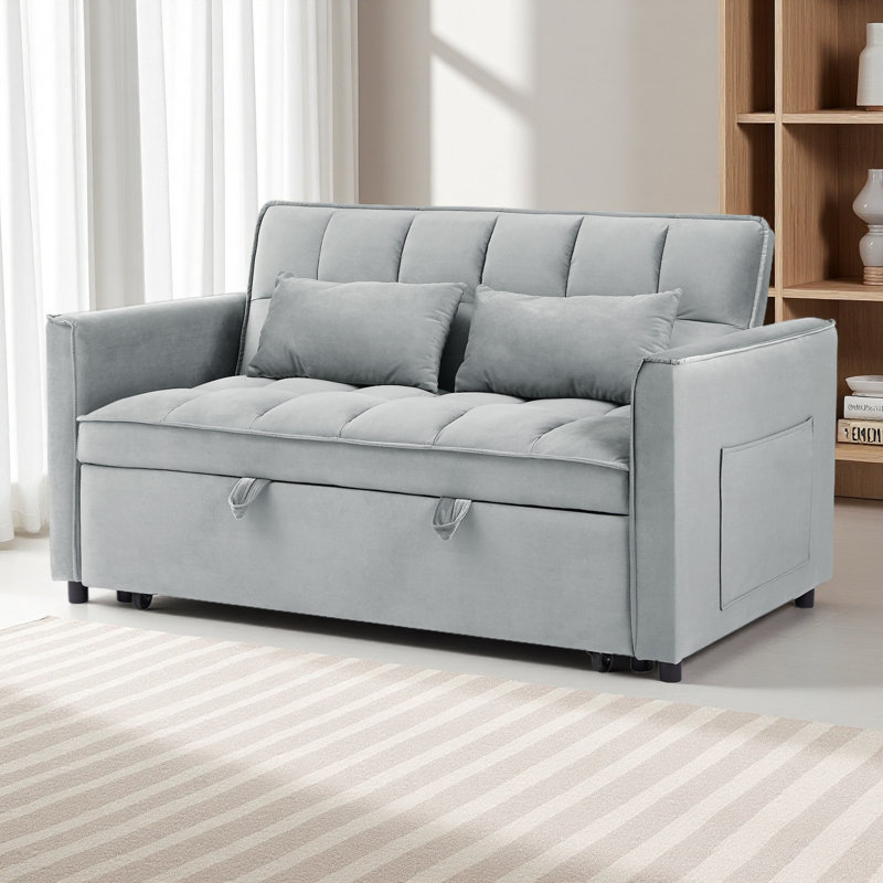 Canapé-lit convertible 3-en-1, canapé-lit futon double en velours avec dossier réglable, sac de rangement et coussin