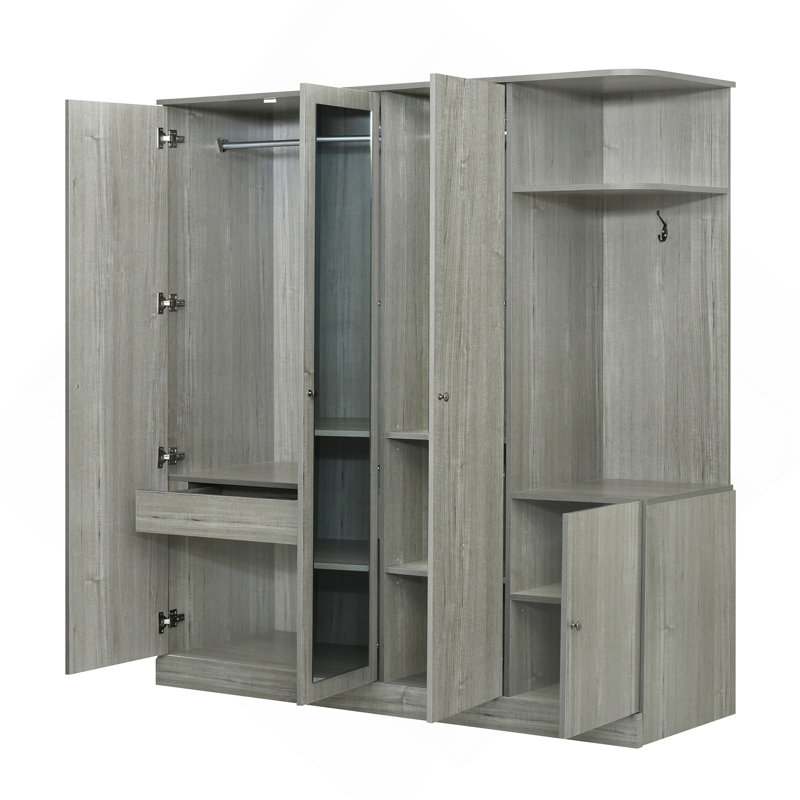 Armoire 4 portes avec tablettes, tiroirs et miroir pleine grandeur , Gris