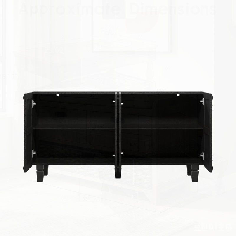 Buffet moderne avec 4 portes Sunburst, armoire de rangement avec pieds en bois massif, parfait pour les meubles élégants et fonctionnels dans n'importe quelle pièce
