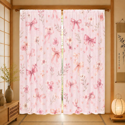 2 pièces de rideaux à imprimé de nœuds et de fleurs, tissu filtrant la lumière, style romantique mignon, pour chambre d'ado, chambre à coucher, décoration de salon