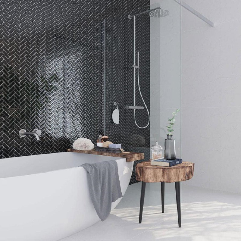 11"X 12.6" Herringbone Polished Glass Mosaic Tile, Black