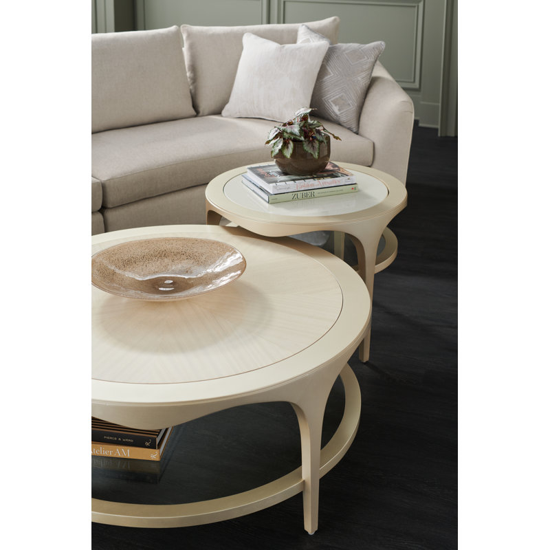 Champagne Pearl Round Wood and Glass Coffee Table