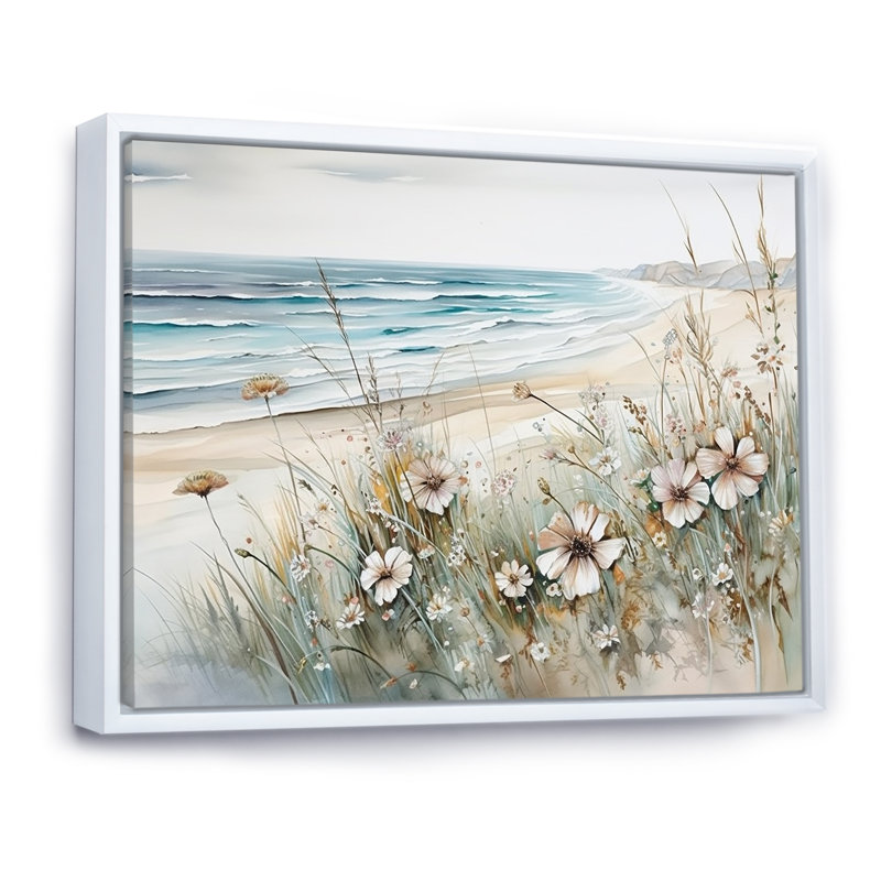 Fleurs sauvages sur la plage - Fleurs sauvages encadrées, H 24 po x l 32 po x P 1 po, Cadre flottant blanc