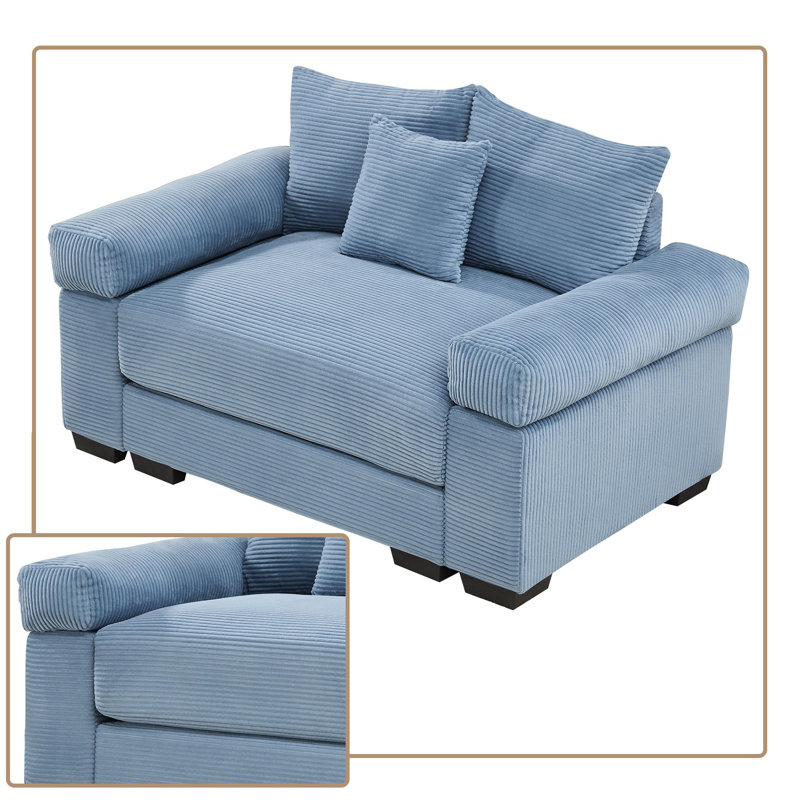 Oversized Corduroy Armchair with 3 Throw Pillows, Soft Armrests and High-Rebound Cushion, Blue