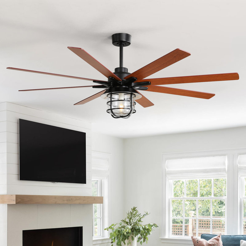 Ventilateur de plafond noir à 8 pales avec ensemble d'éclairage et télécommande 66 po Nicola