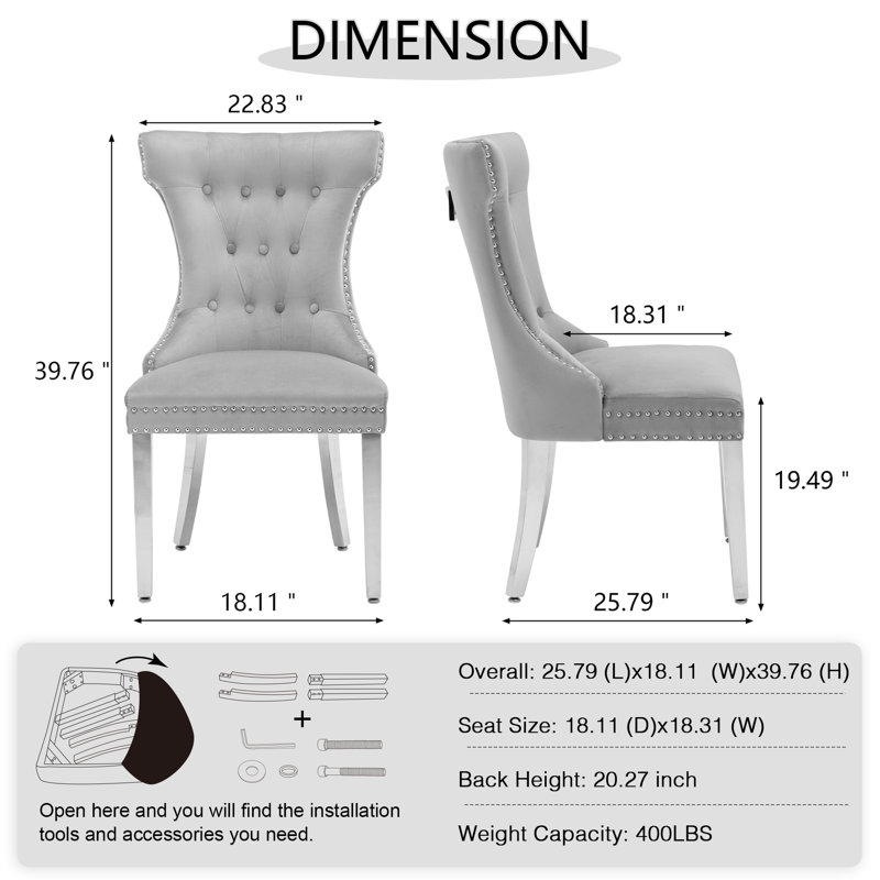 Haikey 19.49'' H Tufted Velvet Upholstered Side Chair, Light Gray, Silver
