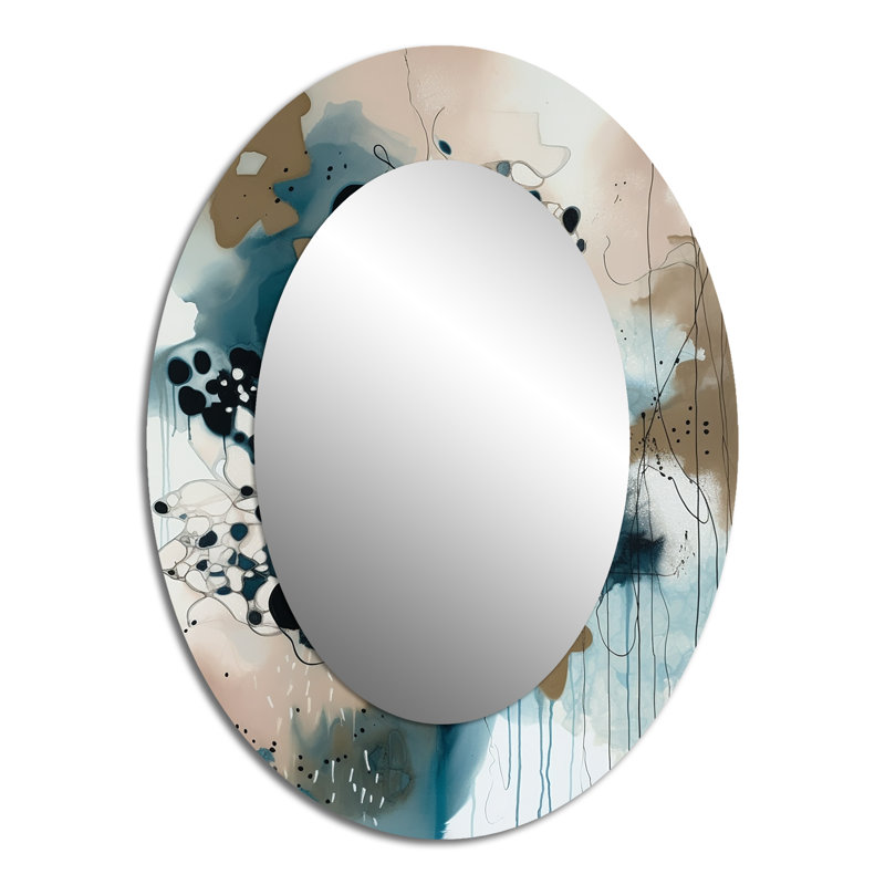Blue Abstract Reflections III - Abstract Oval Decorative Mirror On Metal, 40" x 30"