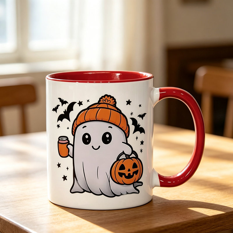 Cute Ceramic Mug for All Ages Ghost Coffee Cup, Bat, Star & Pumpkin Pattern.