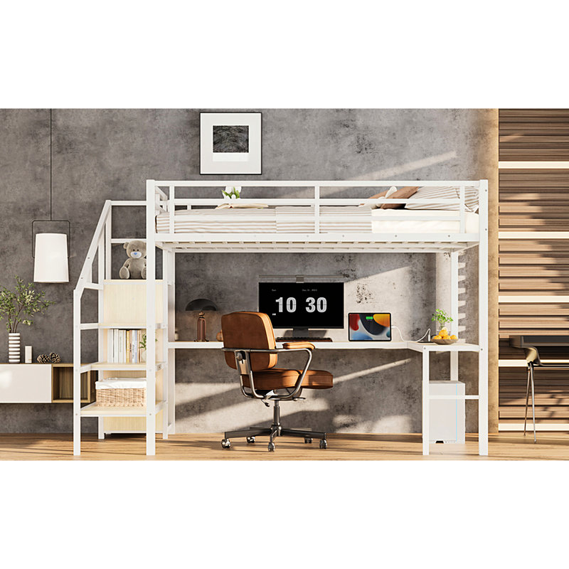 Grand lit mezzanine en métal avec tablettes réglables, espace de travail en L, tablette à DEL et garde-robe pour fonctionnalité de chambre à coucher, bureau, rangement pratique
