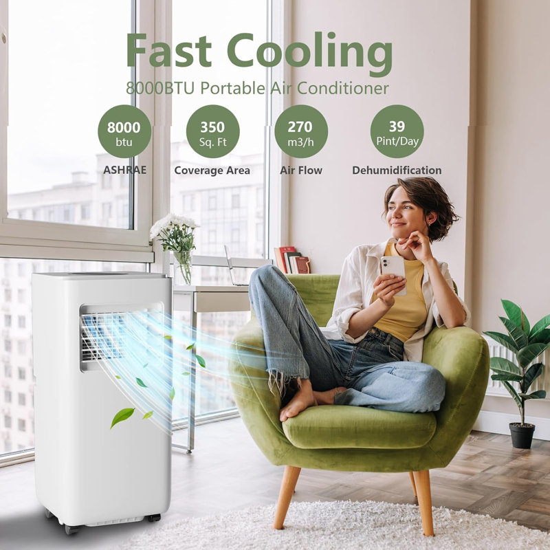 8000BTU Portable Air Conditioner, 3-in-1 Air Conditioner with Remote Control/Cooling/Fan/Dehumidifier, Cooling Area up to 350 Sq. Ft. with Sleep Mode, 24-Hour Timer, Bedroom/Office