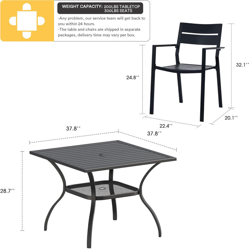 Ensemble repas d'extérieur de 5 pièces,  H 28,7 po x L 37,8 po x l 37,8 po, Noir, 4
