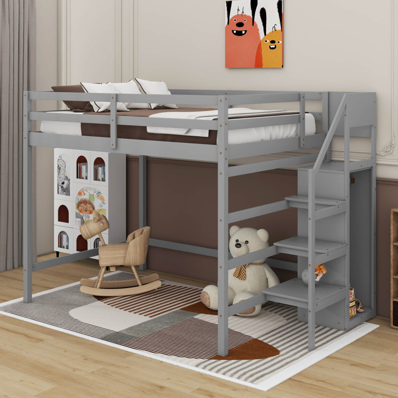Jakema Full Size Loft Bed with Built-in Storage Wardrobe and Staircase, Gray