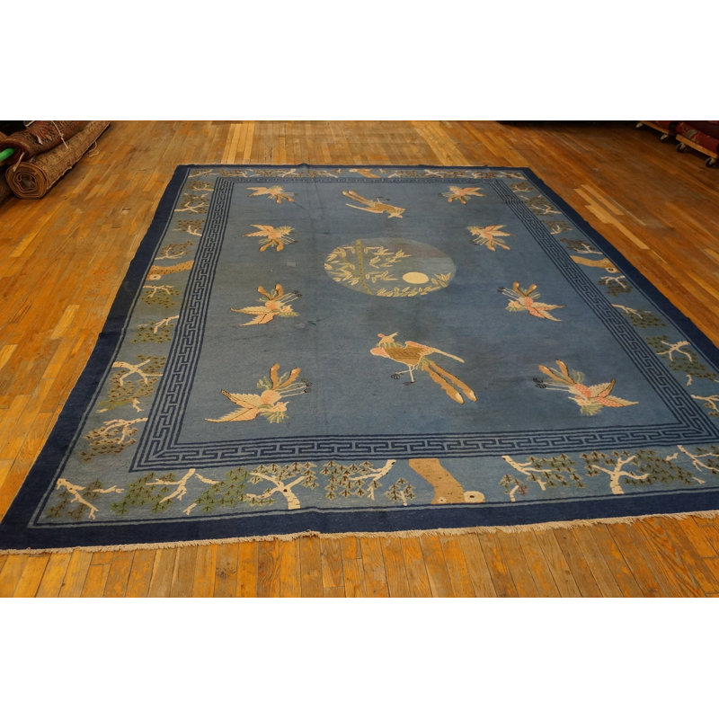 Light Blue Antique Room Size Chinese Bird Design Peking Rug