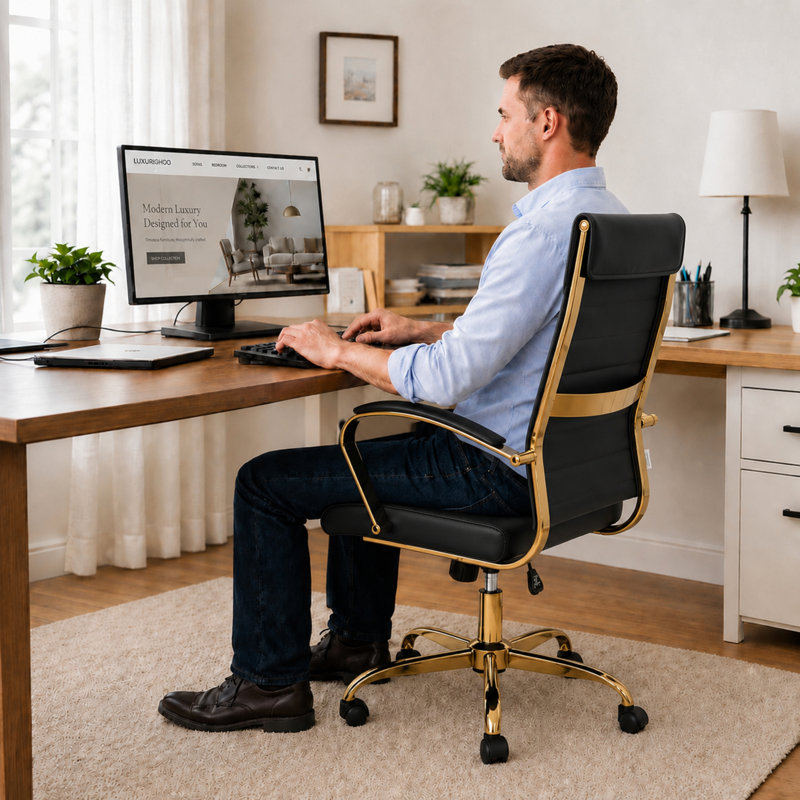 Humairaa Leather Office Chair – Executive Task Chair with Swivel, Adjustable Height & Gold Base for Home Office or Conference Room
