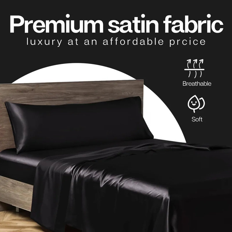 Satin Silk Pillowcase Envelope Body Pillow Case Cover Cal King Cushion Cover, Black, Black
