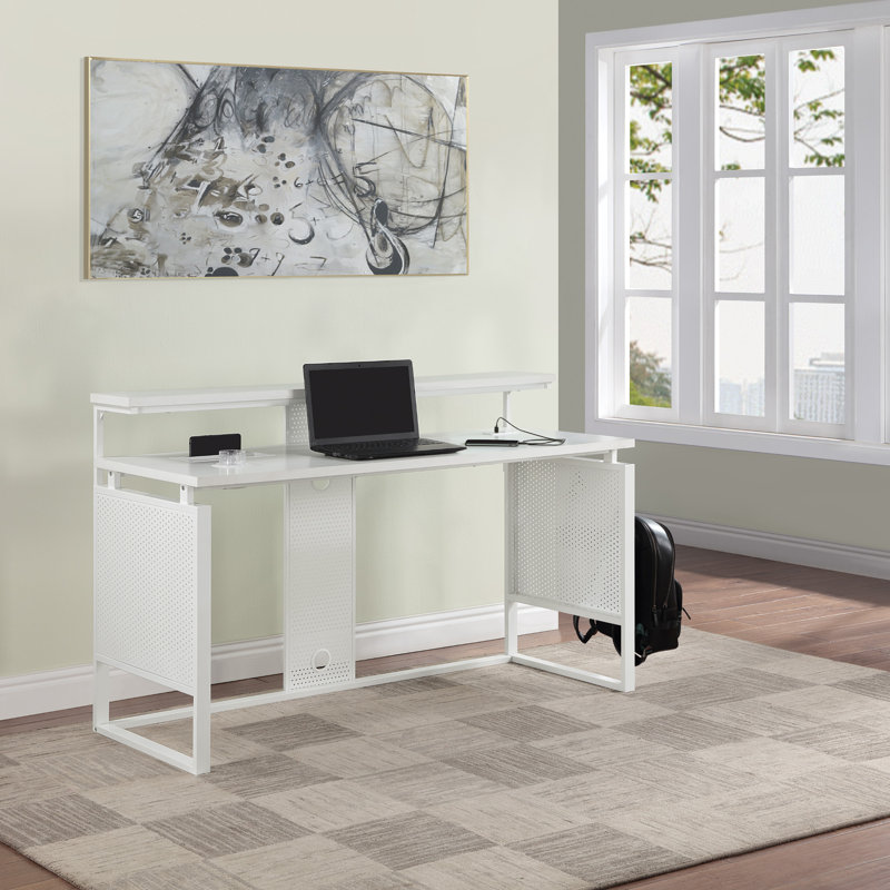 Poukner 60" Desk with Hutch Shelf, White