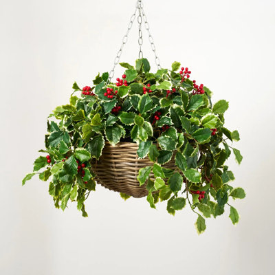 Panier de Noël panaché à feuilles de houx vertes et vignes rouges