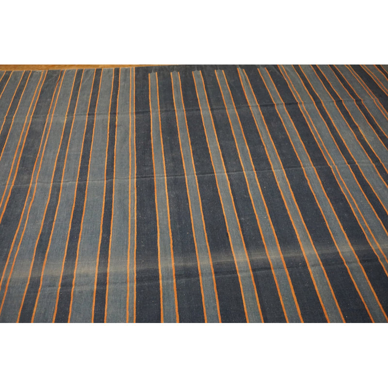 Blue Color Striped Pattern Antique Flat Weave Cotton Indian Dhurrie Rug