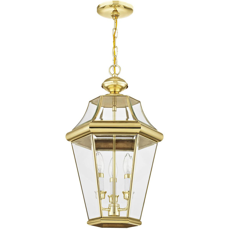 Outdoor Chain Lantern Pendant - Clear Beveled Glass Shade, Polished Brass