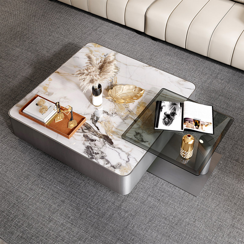 Table carrée moderne et luxueuse, H 12,6 po x L 39,4 po x l 39,4 po, Noir / transparent / multicolore