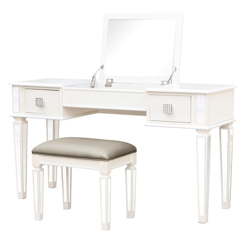 Table de maquillage de chambre à coucher avec miroir - Bureau de coiffeuse en miroir à grande capacité de rangement pour 2 tiroirs