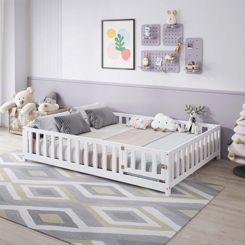 Full Size Floor Platform Bed with Fence and Door for Kids, Montessori Floor Bed Frame with Support Slats for Toddlers, Wooden Floor Bed Natural