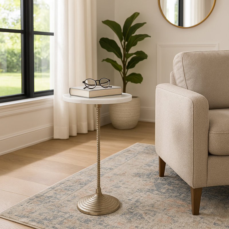 Table d'appoint décorative en marbre avec base en métal Jackest, Plateau blanc / base or
