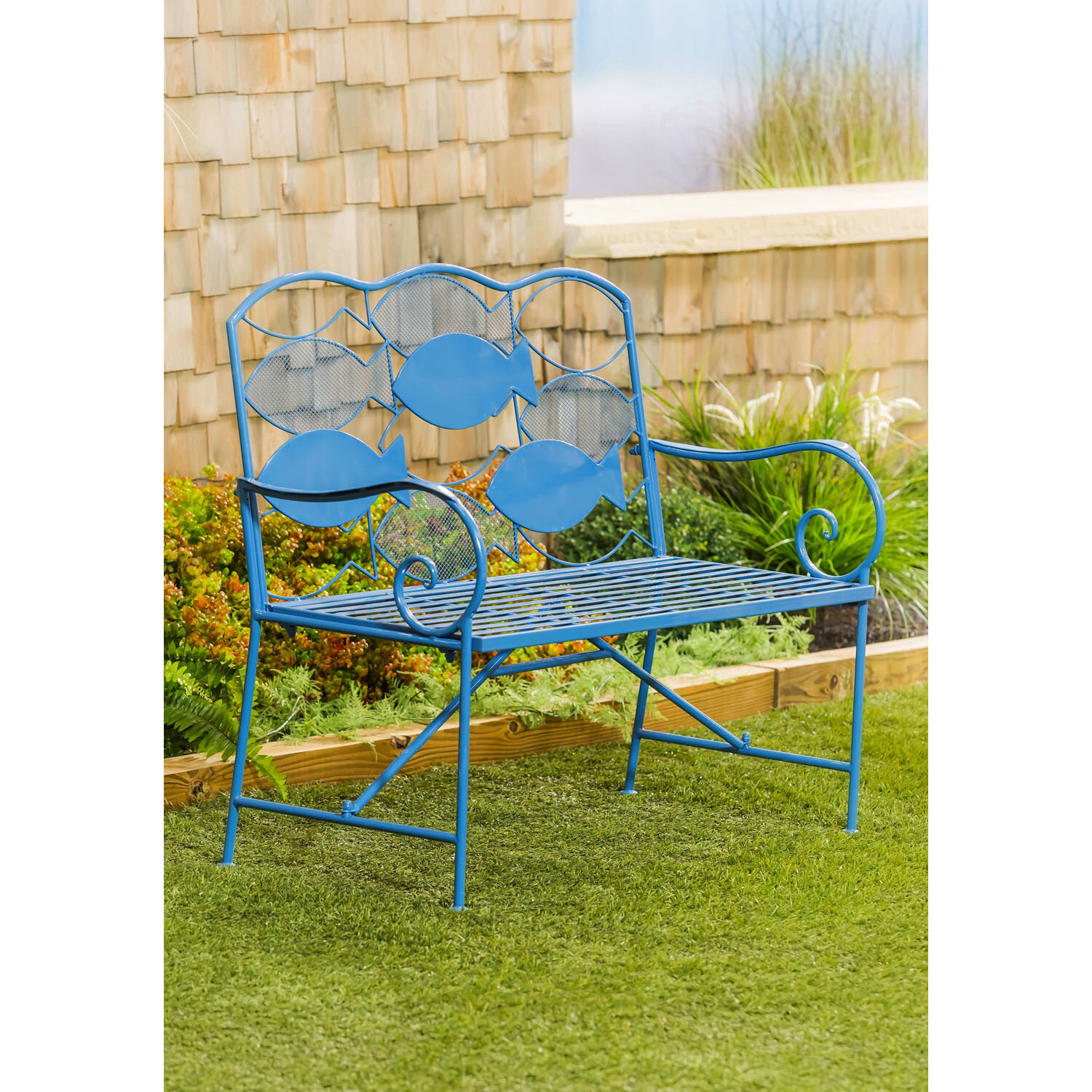 Blue metal garden discount bench