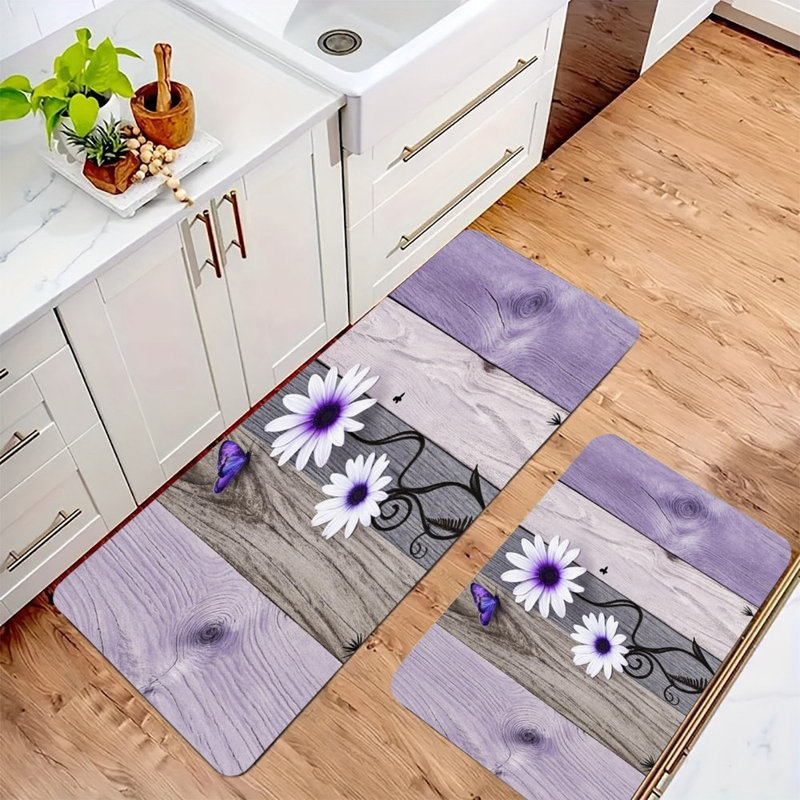 Mauve marguerites sur bois, ensemble de 2 tapis de cuisine, Mauve / marguerites blanches