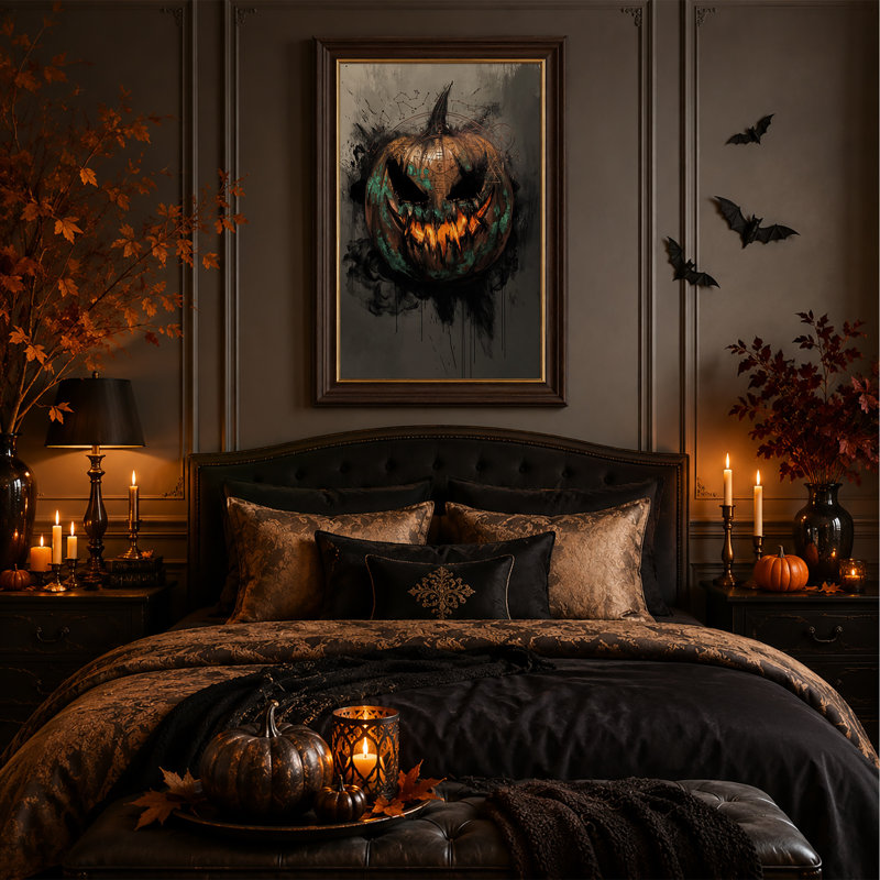 Citrouille orange avec texture bleu sarcelle et toile d'Halloween mystique, H 18 po x l 12 po