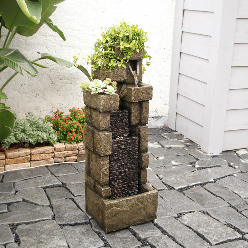 42.72 in Modern Stacked Brick Water Fountain, Outdoor LED Cascading Water Feature for Patio, Garden & Lawn Décor