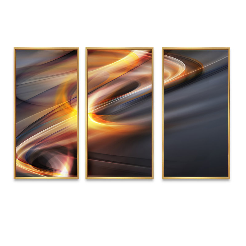 «Yellow Grey Light Art», ensemble de 3 toiles abstraites encadrées sur toile, H 32 po x l 48 po x P 1 po, Or