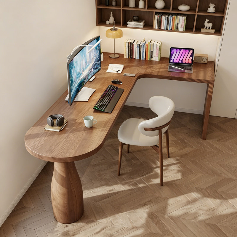 Simple Solid Wood Brown Pine L-Shaped Desk, 29.5" H x 70.87" W x 47.2" D