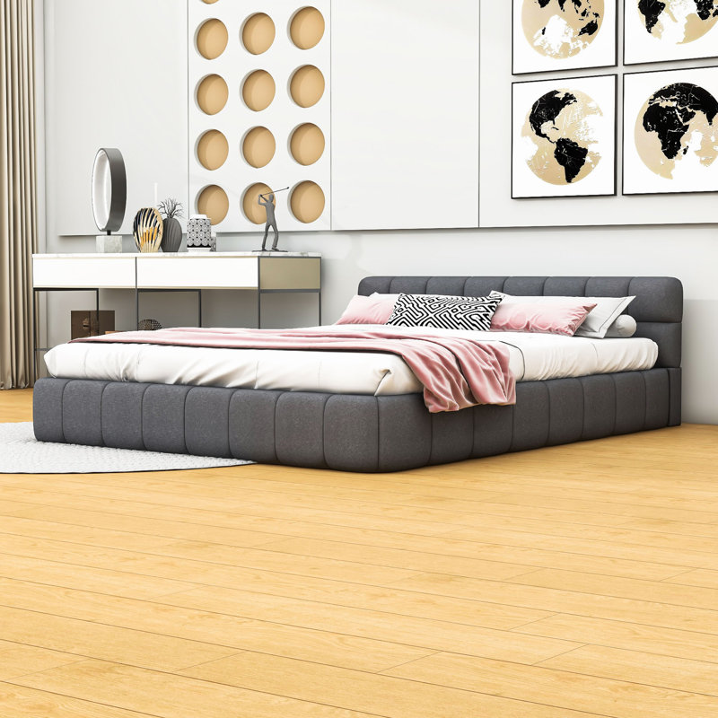 Grand lit plateforme tapissier avec tête de lit et lattes Mekael, gris