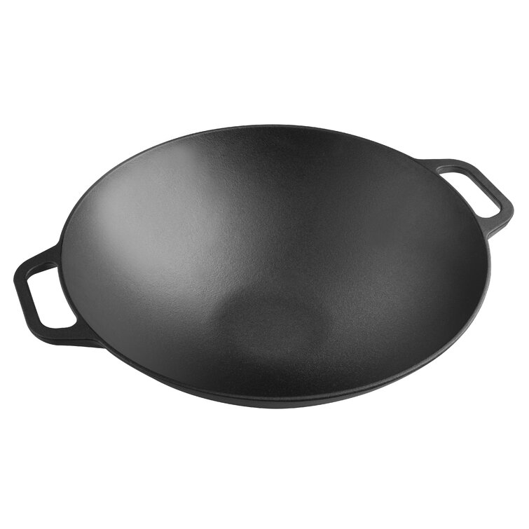 Victoria Wok-314 Smooth Balanced Base Cast Iron Work With Wide Handles, Large , Black