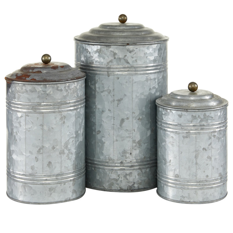 Costillo 3 Piece Gray Metal Decorative Jars with Lids Set, 12", 9", 8"H, 15.35" H x 14.96" W x 14.96" D