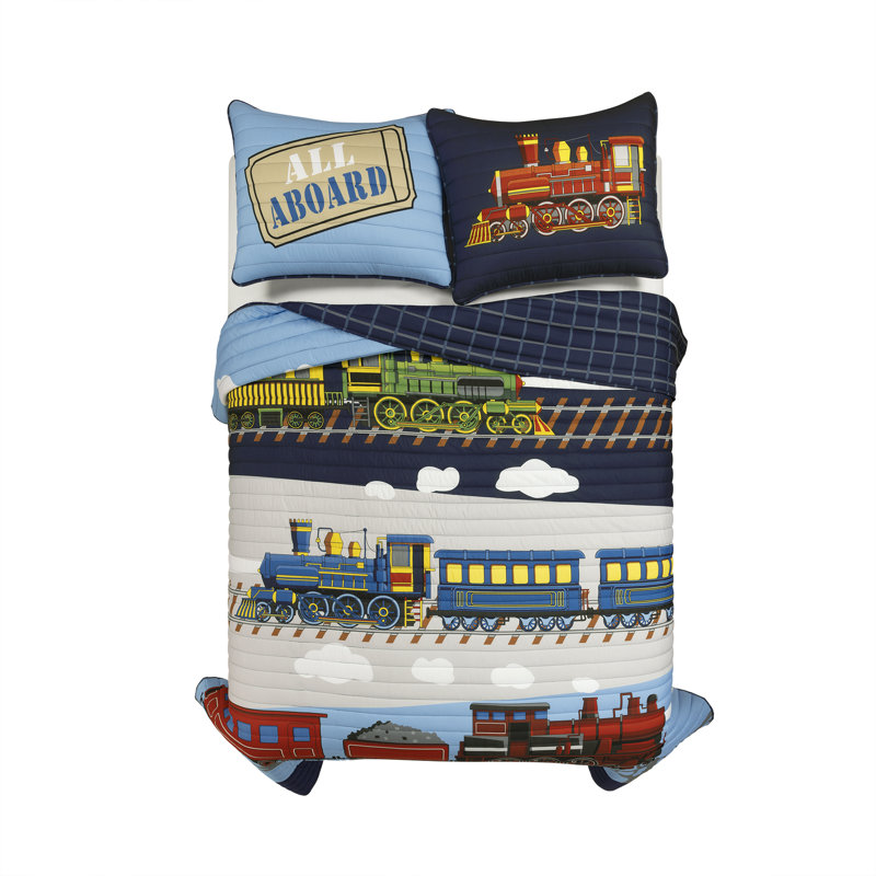 Steam Train Quilt Set, Courtepointe grand lit + 2 taies d'oreiller standa