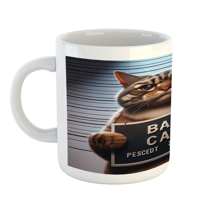 Wrought Studio Cat Ceramic Coffee Mug Whimsical Bad Kitty Mug Shot 11 oz Umber and Pale Blue Grey