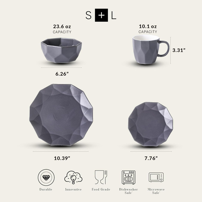 Stone Lain Jamie Informal Porcelain 16-Piece Geometric Dinnerware Set, Grey, Gray
