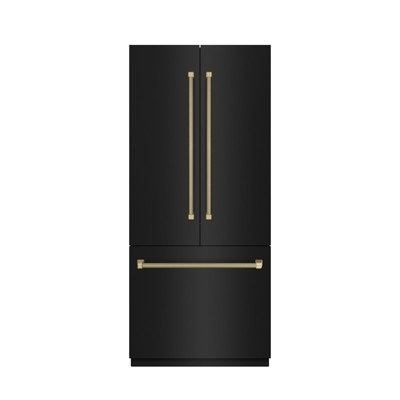 ZLINE Autograph 36 in. Black Steel French Door Fridge w/ Stainless Interior & Bronze Helix Handles, Champagne Bronze