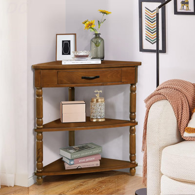 Brown Space-Saving Corner Coffee Table, 3-Tier with Solid Wood Legs for Small Spaces, Waterproof Top