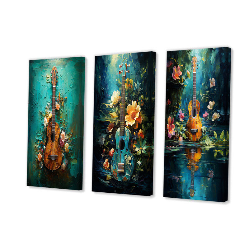 Guitare tropicale euphonique - ensemble de 3 décorations murales, H 28 po x l 36 po, Toile tendue