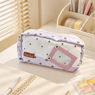 Trousse à crayons en toile douce à pois macarons, grande taille, pour étudiants, avec mines neuves.