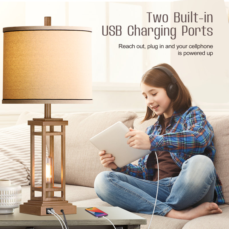 Ensemble de 2 lampes de table de campagne 27,5 "avec ports USB A + C, lampes de salon rustiques pour table de chevet de salon