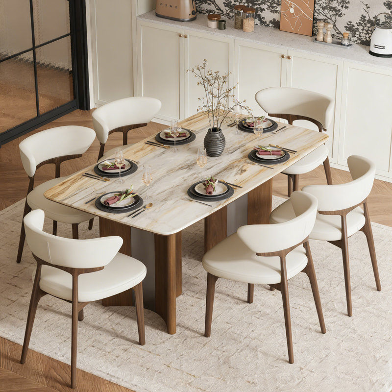 7-Piece Rectangular Dining Table Set For 6 People,63" Sintered Stone Tabletop Dining Table With 6 Modern Faux Leather Dining Chairs