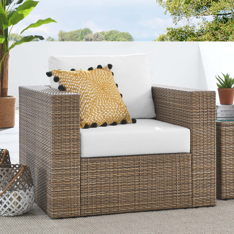 Cappuccino Brown Wicker Outdoor Armchair with White Cushions