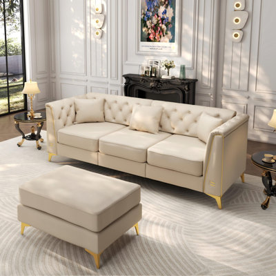 Canapé Chesterfield 81,5 po en similicuir moderne, canapé 3 places avec repose-pieds beige