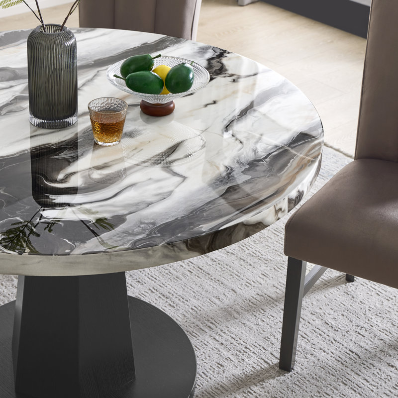 Table de salle à manger ronde en faux marbre avec base piédestal en bois rond blanc Cavira, Blanc