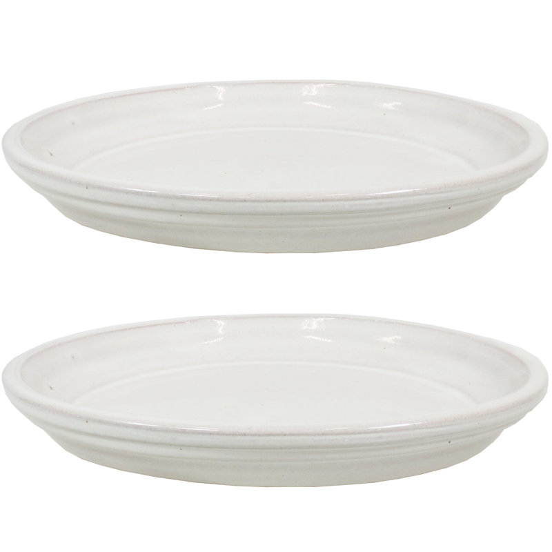 Round Glazed Ceramic Flower Pot Saucer Set of 2 - Fits 9" Planters - Gray, Gray, 1.75" H x 11.75" W x 11.75" D