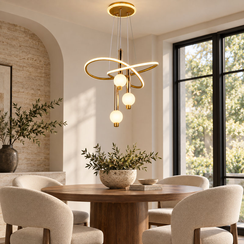 Lustre moderne doré à 3 lumières DEL avec boucle en acrylique, hauteur réglable et éclairage 3 couleurs